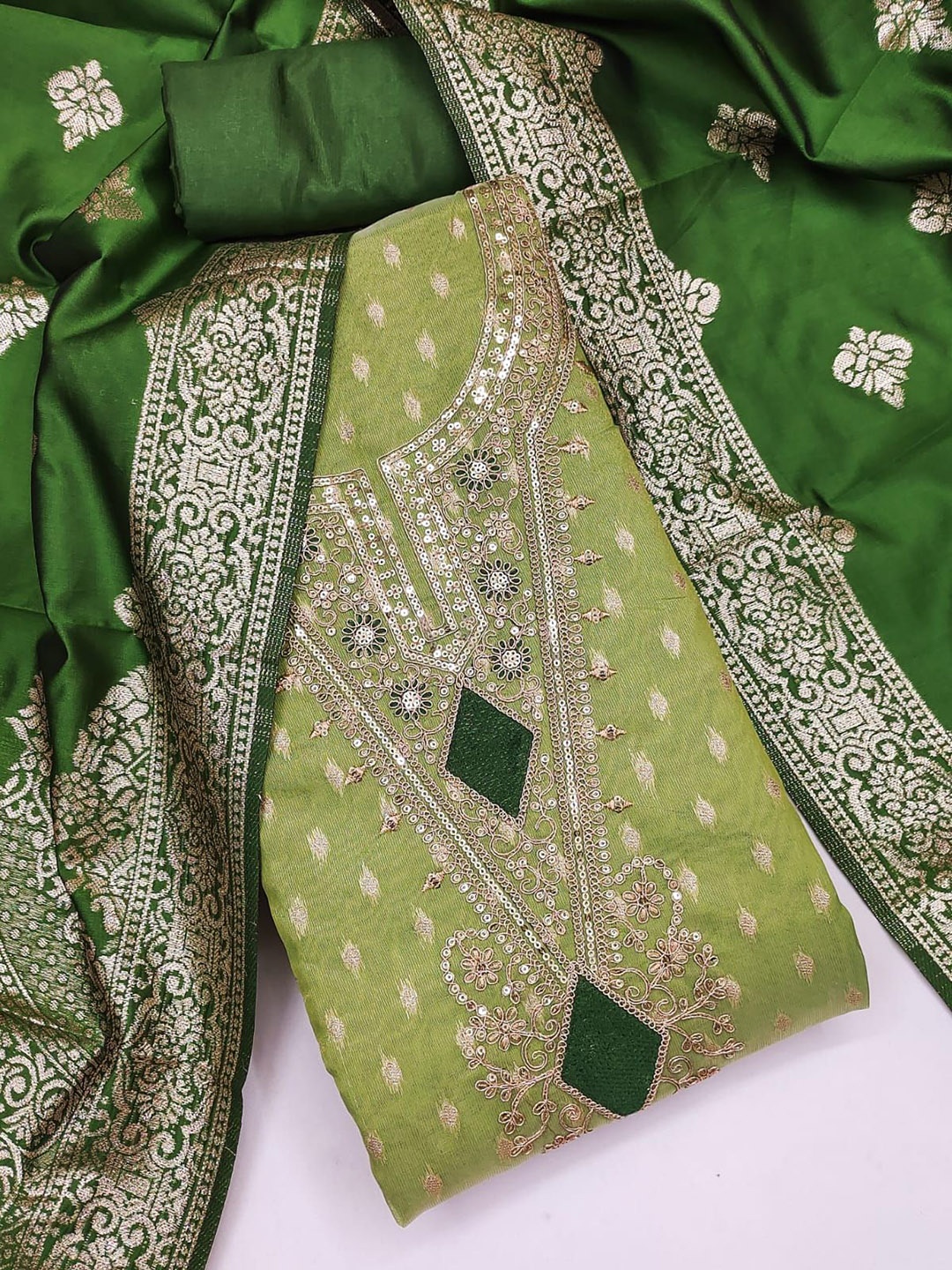 

BlissFlair Woven Design Beads And Stones Chanderi Cotton Unstitched Dress Material, Green