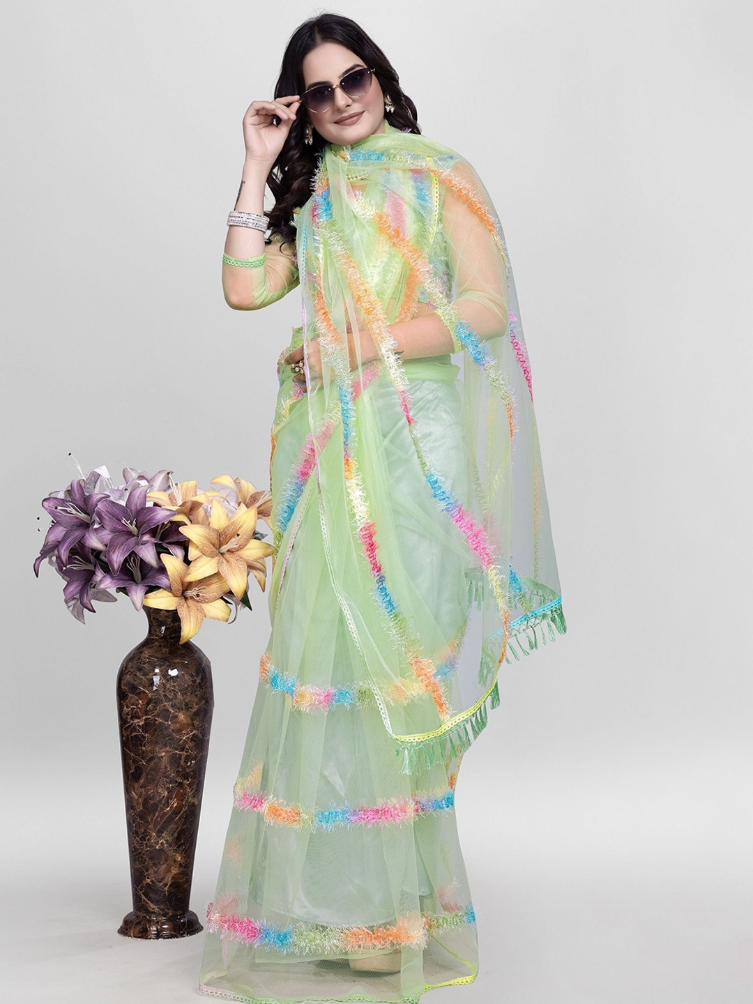 

LADY SHOPI Striped Embroidered Net Saree, Lime green