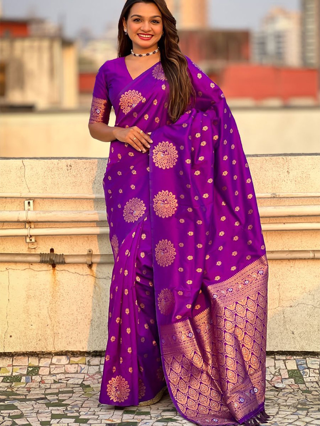 

all about you Ethnic Motifs Woven Design Zari Banarasi Saree, Purple