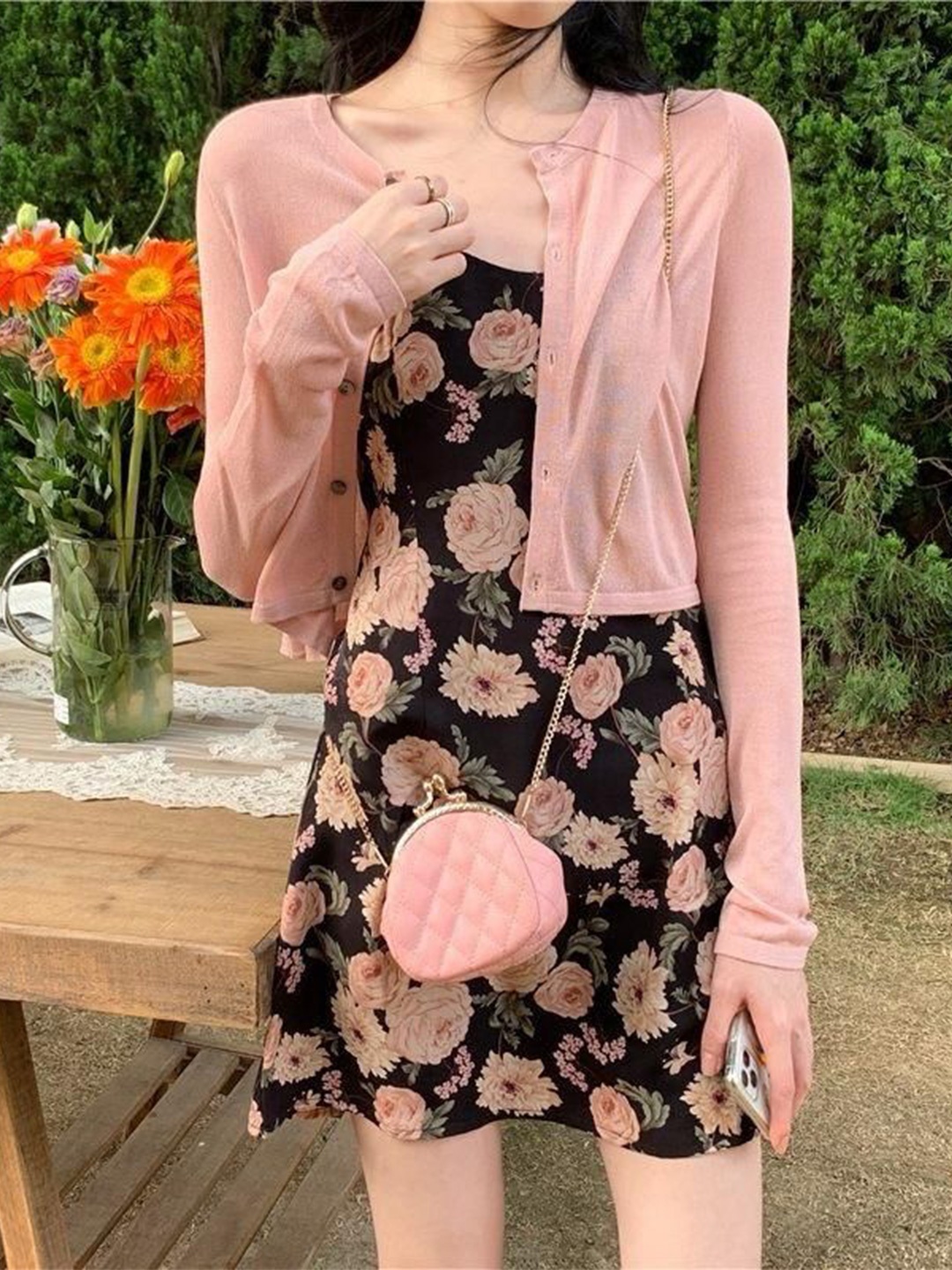 

MADE FOR HER LABEL Women Rose Printed Street Wear Dress With Cardigan, Black