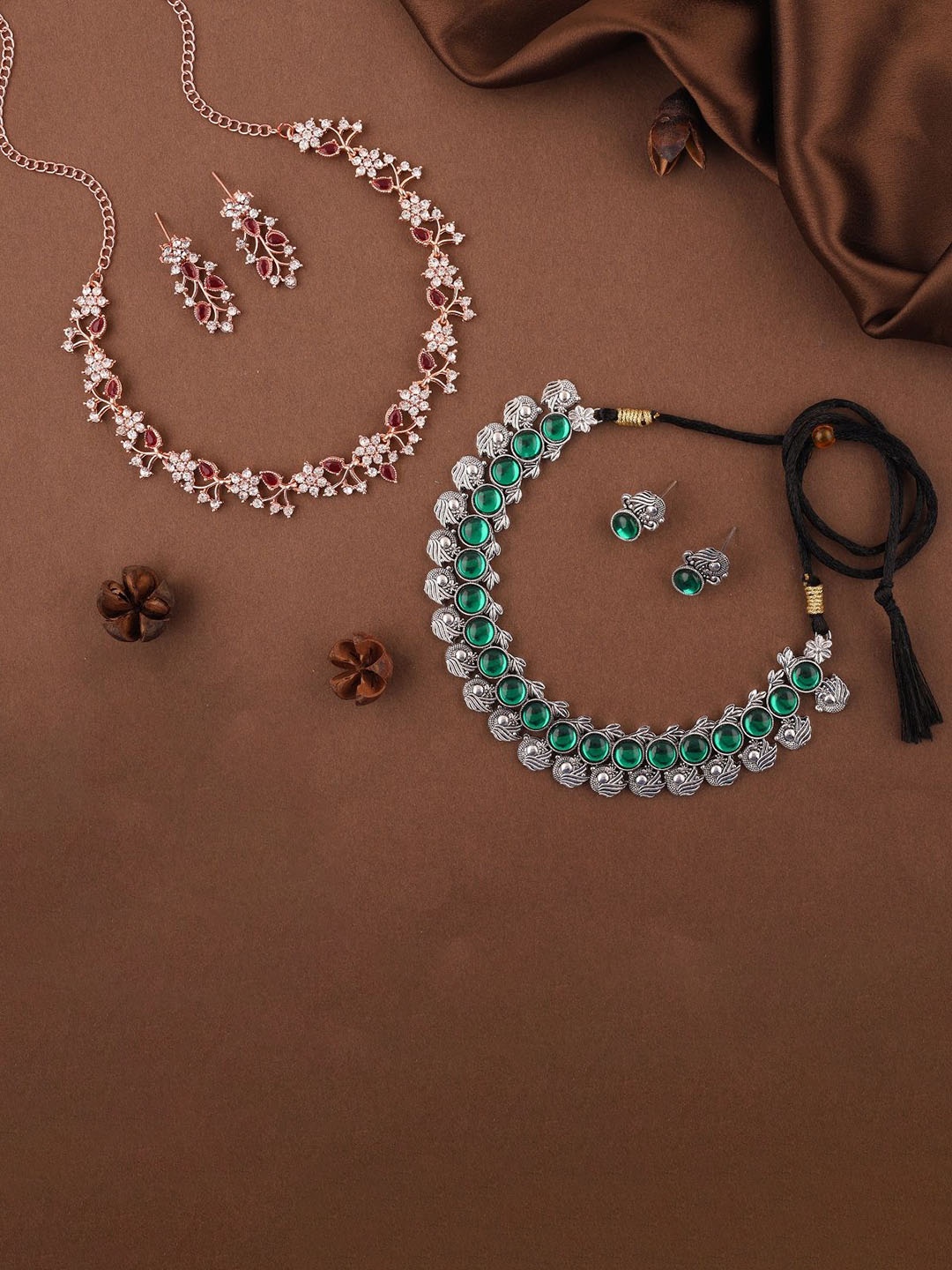 

Lyriss Set Of 2 Silver-Plated American Diamond Studded Jewellery Set, Green