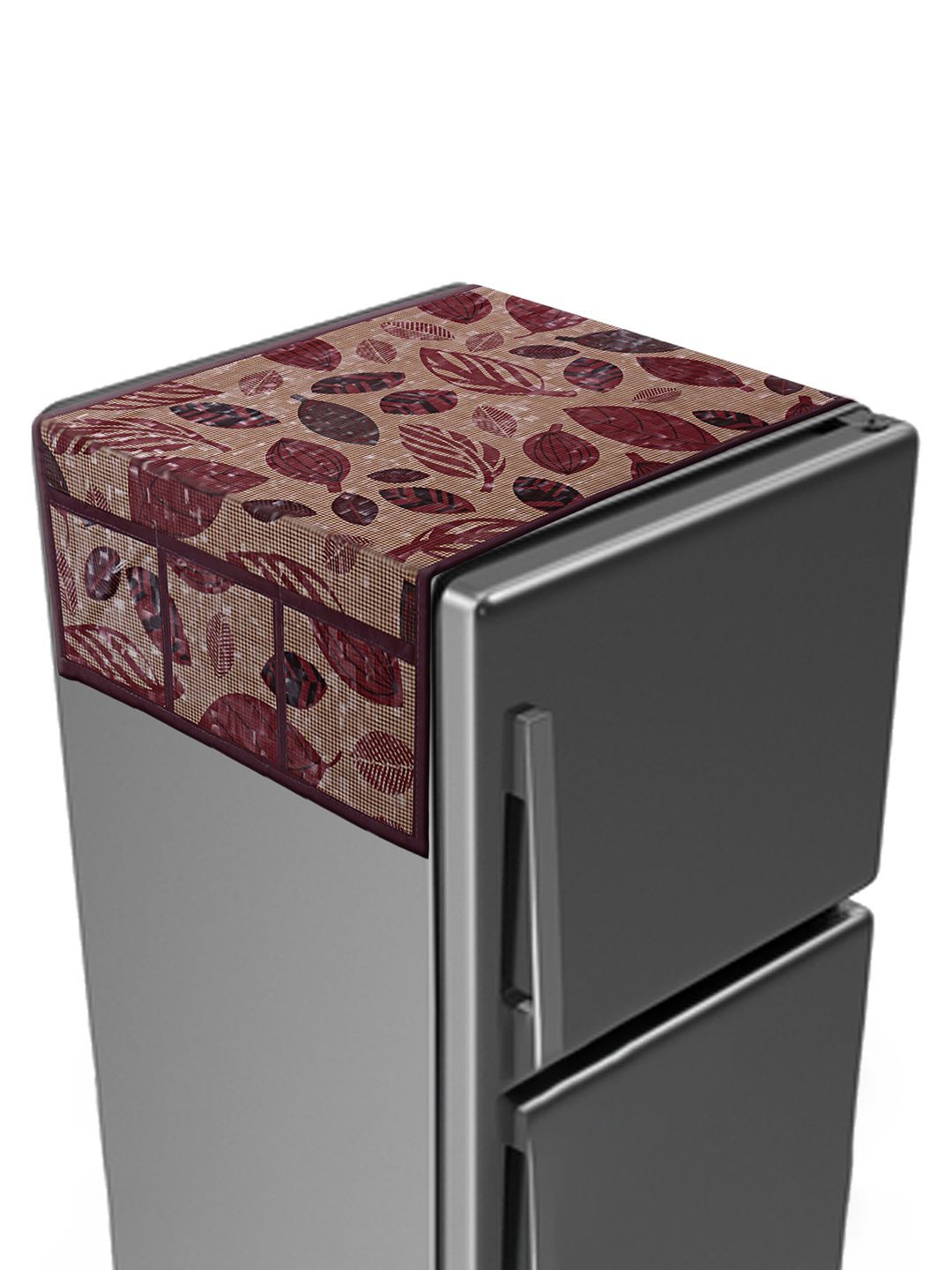 

Kuber Industries Maroon Leaf Print PVC Fridge Top Cover With 6 Utility Side Pockets