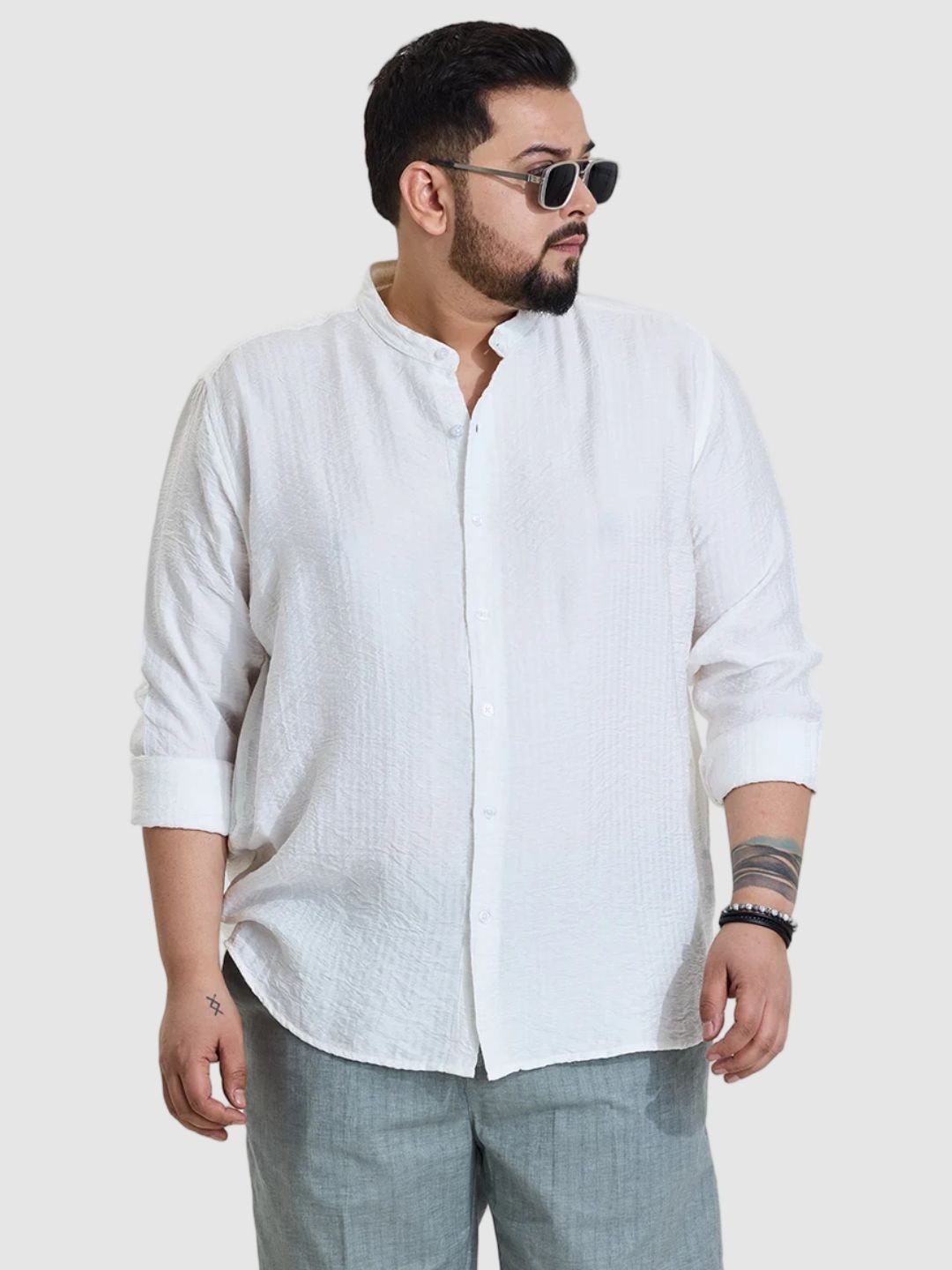 

Snitch Men Plus Size Classic Regular Fit Band Collar Textured Casual Shirt, White