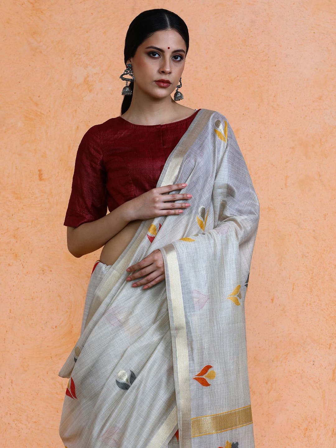 

SARHA Cotton Blend Ethnic Motifs Woven Design Zari Indie Florals Muga Saree, Grey