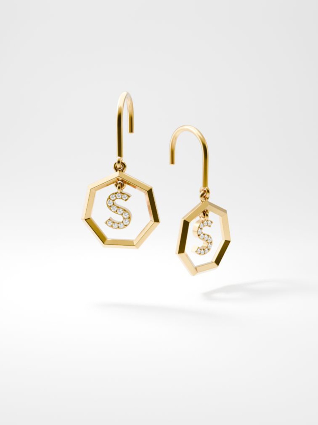 

HOUSE OF SEVEN 18k Gold Plated Geometric Shaped Letter S American Diamond Drop Earrings