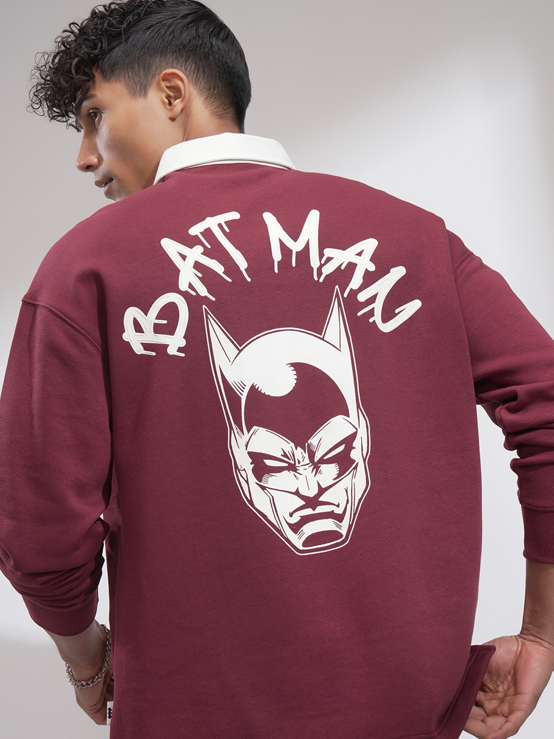 

HIGHLANDER Men Batman Graphic Printed Polo Collar Oversized Cotton T-shirt, Maroon