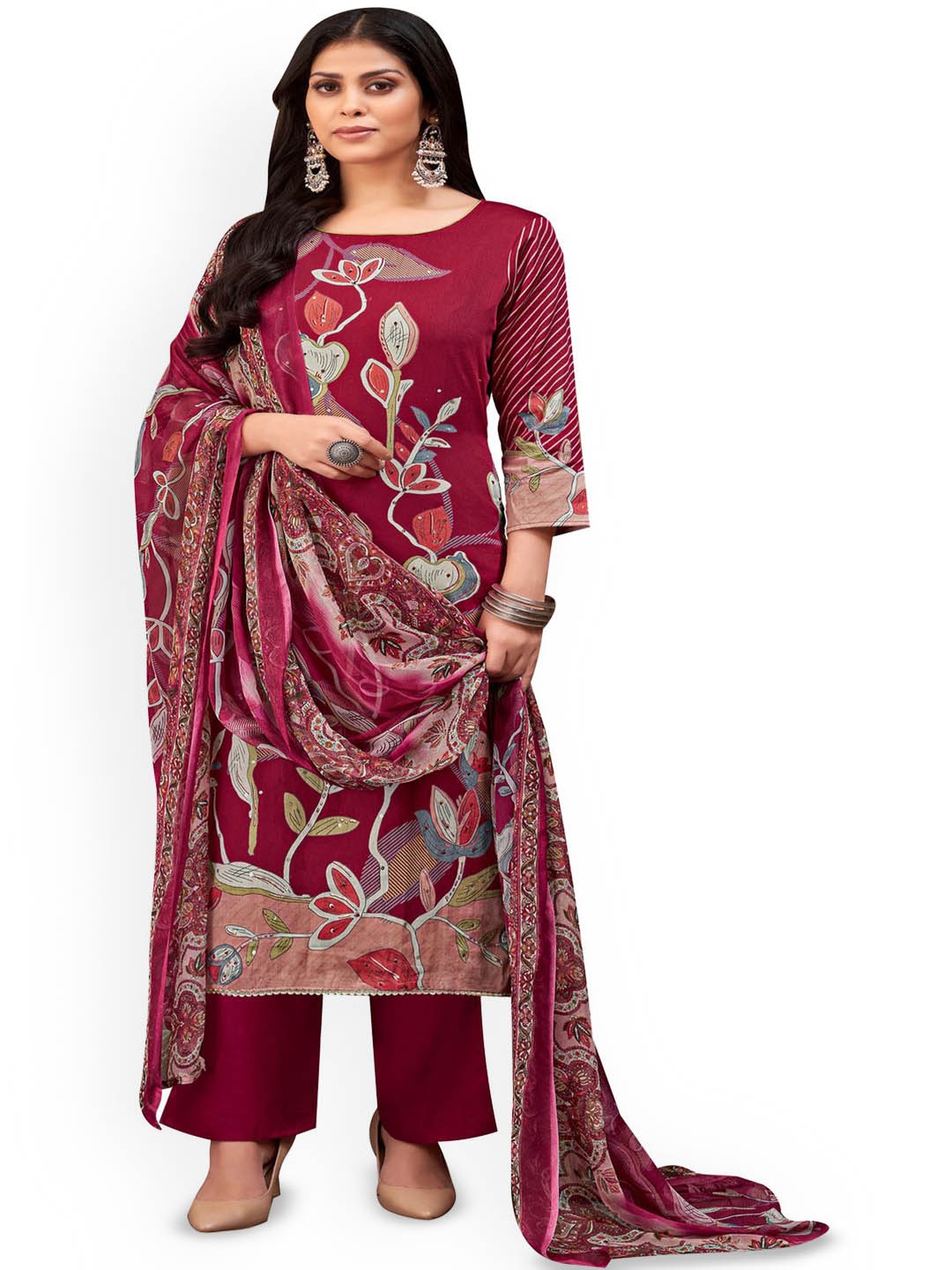 

DRAVINAM Trends Floral Printed Pure Cotton Unstitched Dress Material, Maroon