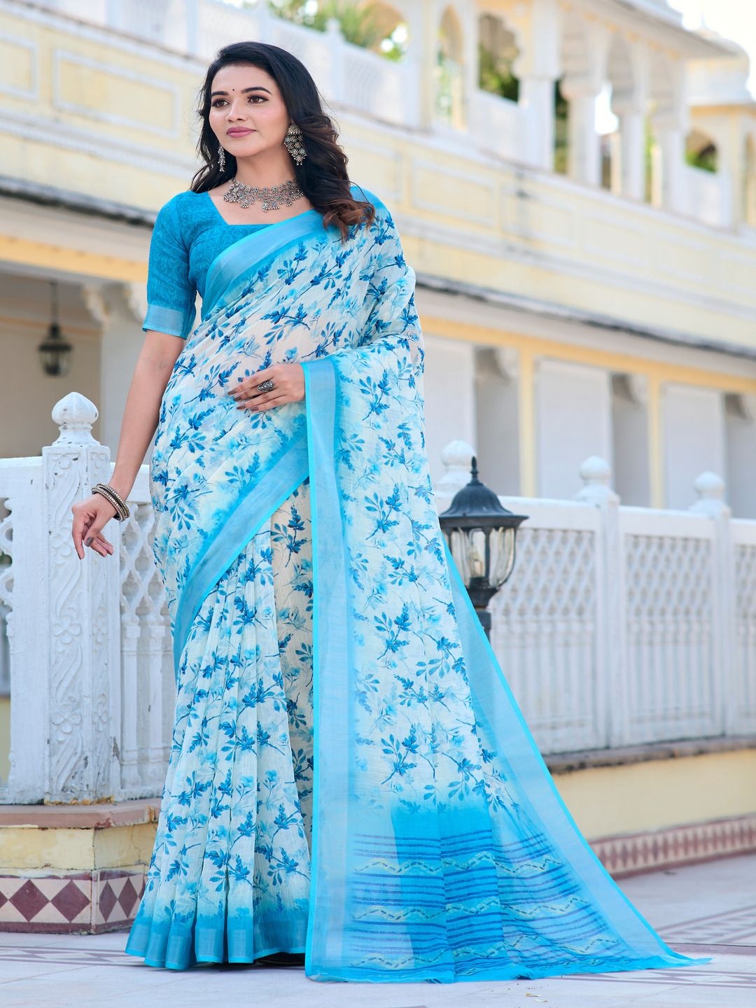 

TRENDING KART Floral Printed Chanderi Saree, Blue