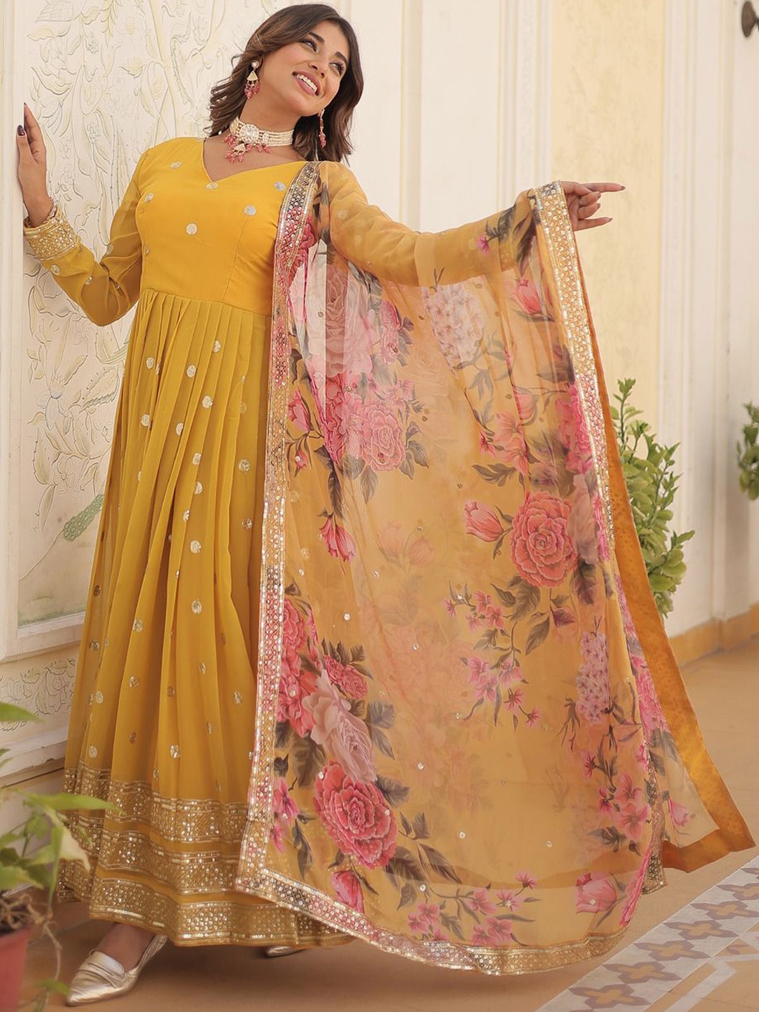 

Fashion Basket Women Embroidered V-Neck Anarkali Ethnic Dress With Dupatta, Yellow