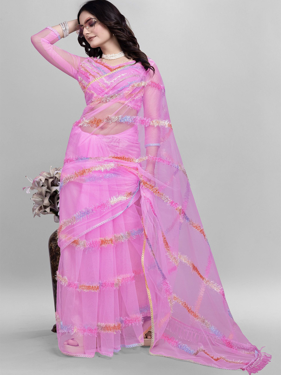 

JULEE Striped Embroidered Net Saree, Pink