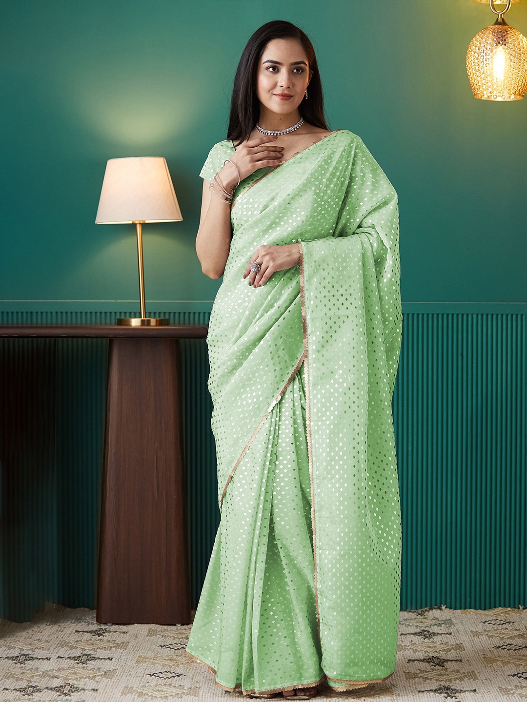 

RACHNA Mukaish Organza Ready to Wear Saree, Green