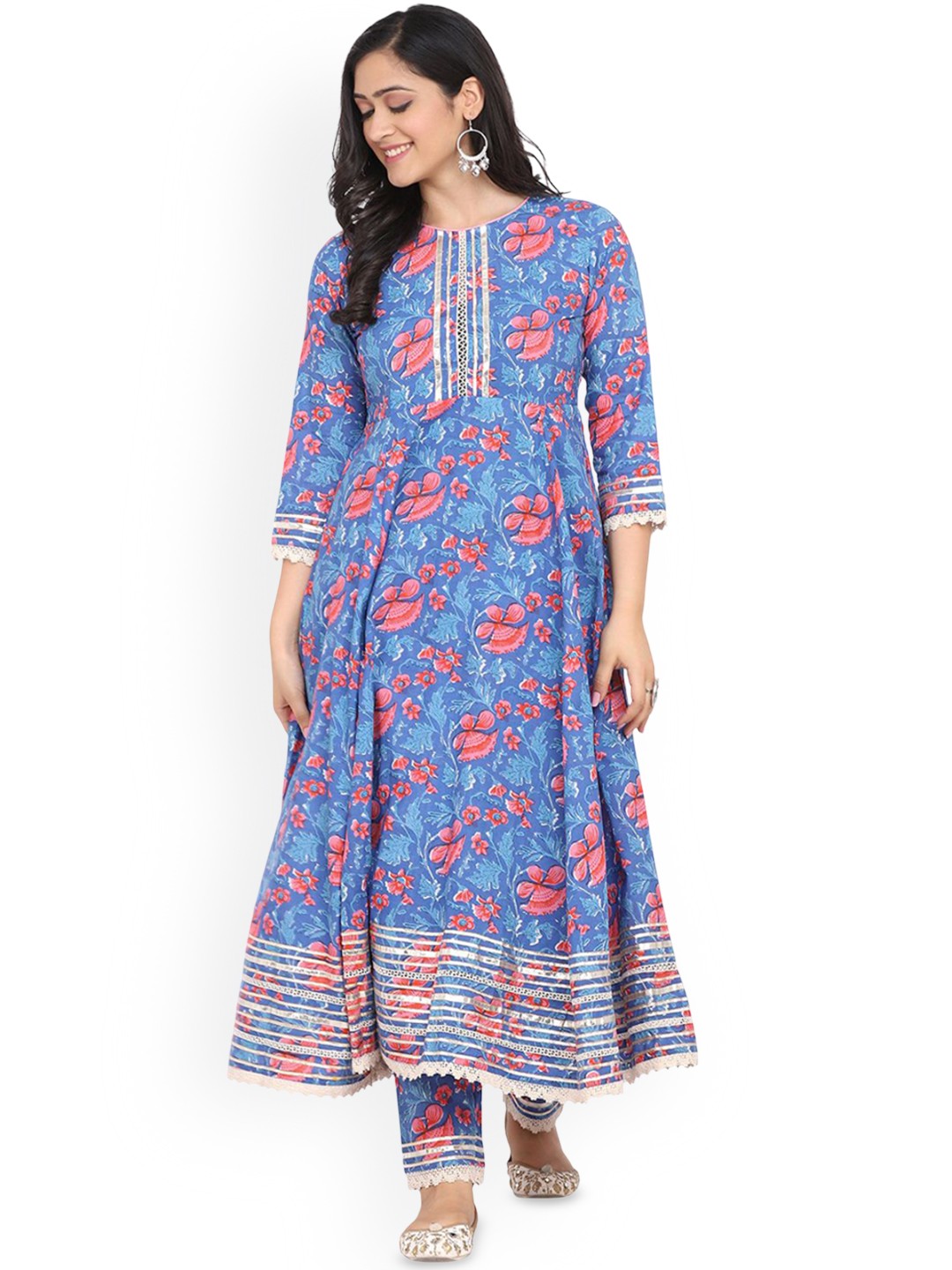 

DIVASTRI Women Floral Printed Regular Pure Cotton Kurta with Trousers & With Dupatta, Blue