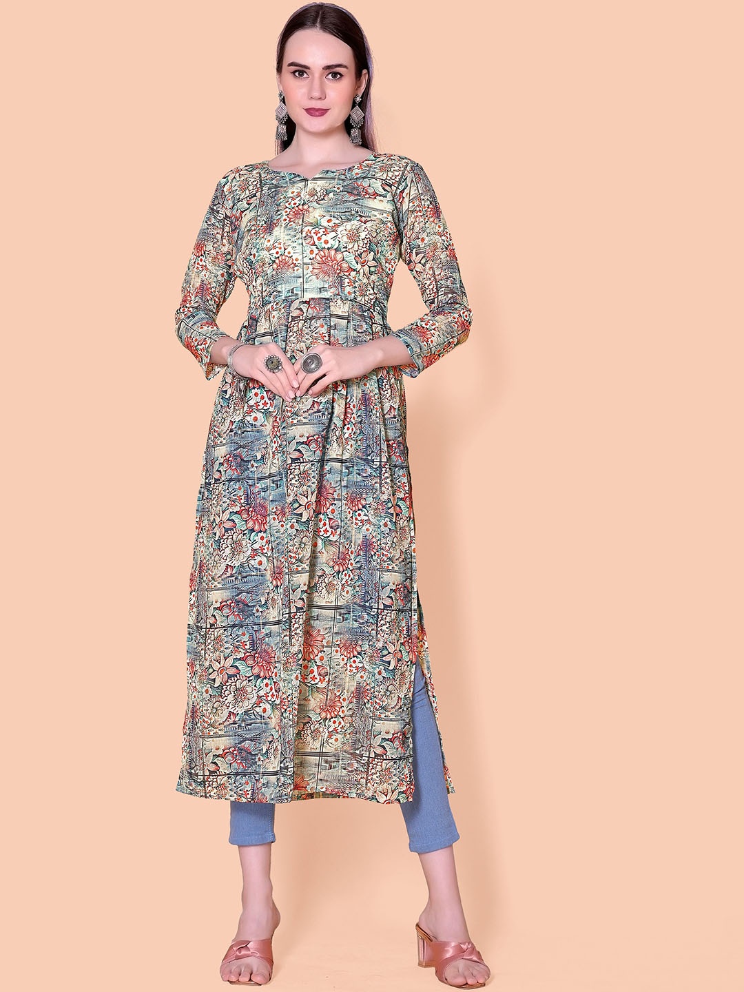 

Rinbin Notch Neck Sequinned Georgette High Slit Straight Kurta, Beige