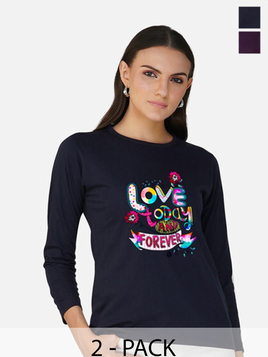 

Metronaut Women 2 Printed Bio Finish Applique T-shirt, Navy blue