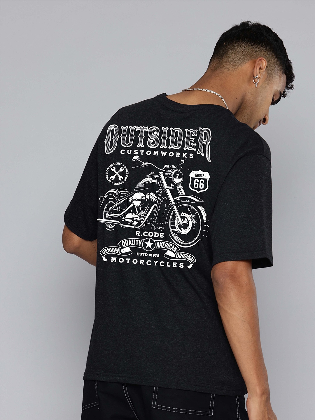 

R.Code by The Roadster Life Co. Men Printed Monochrome T-shirt, Charcoal