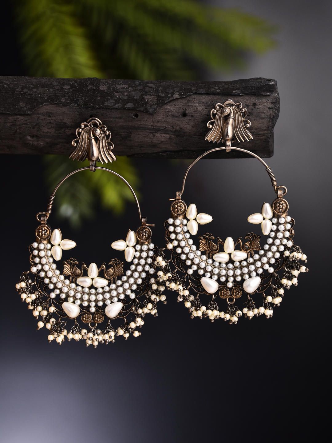 

Reenisaa Rhodium-Plated Pearls Beaded Oval Shaped Chandbalis, Black