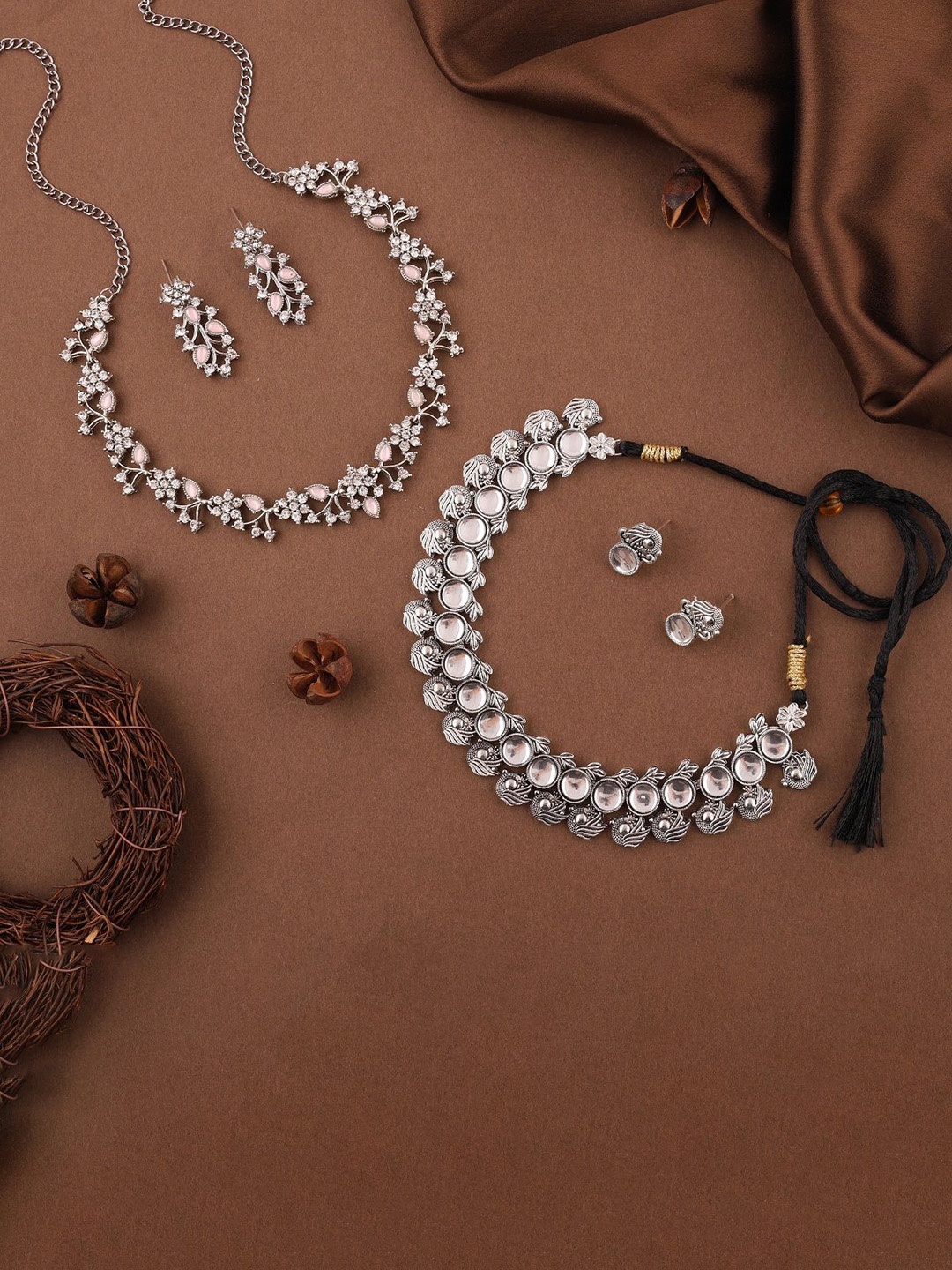 

Lyriss Set Of 2 Silver-Plated American Diamond Studded Jewellery Set