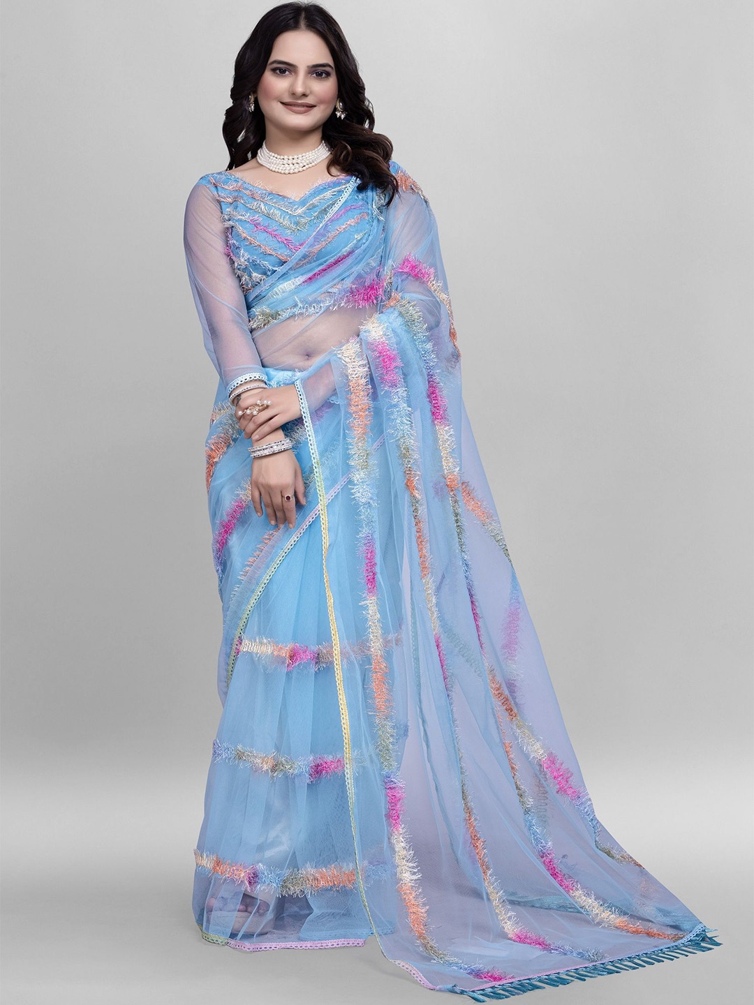 

A TO Z CART Embroidered Net Saree, Turquoise blue