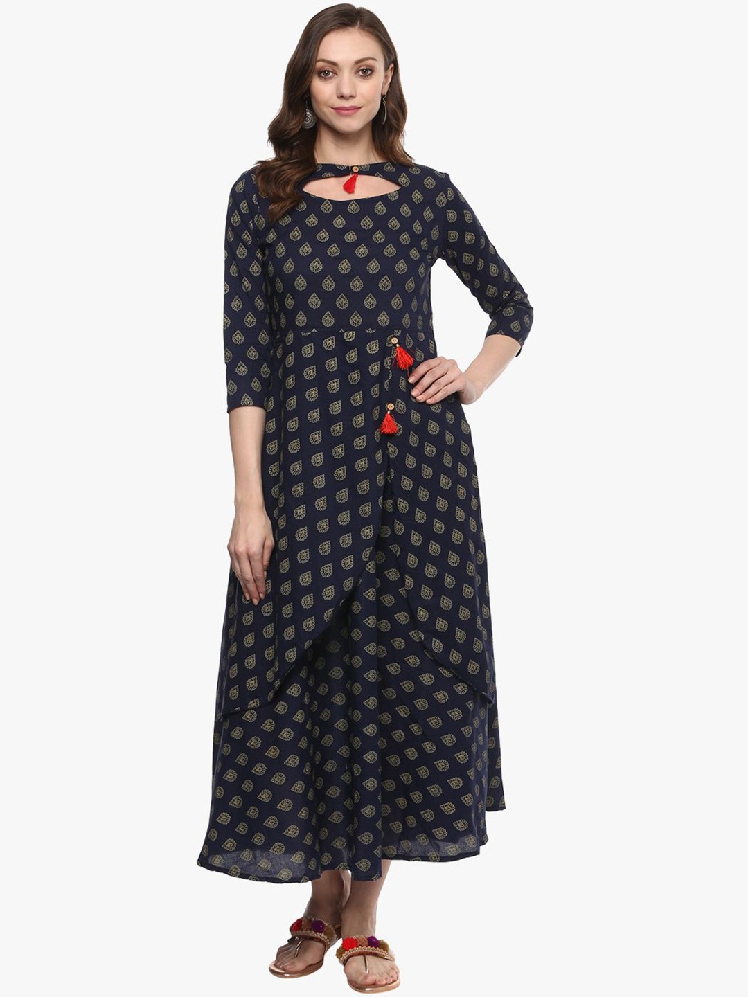 

Dillen Floral Printed Round Neck A-Line Kurta, Navy blue