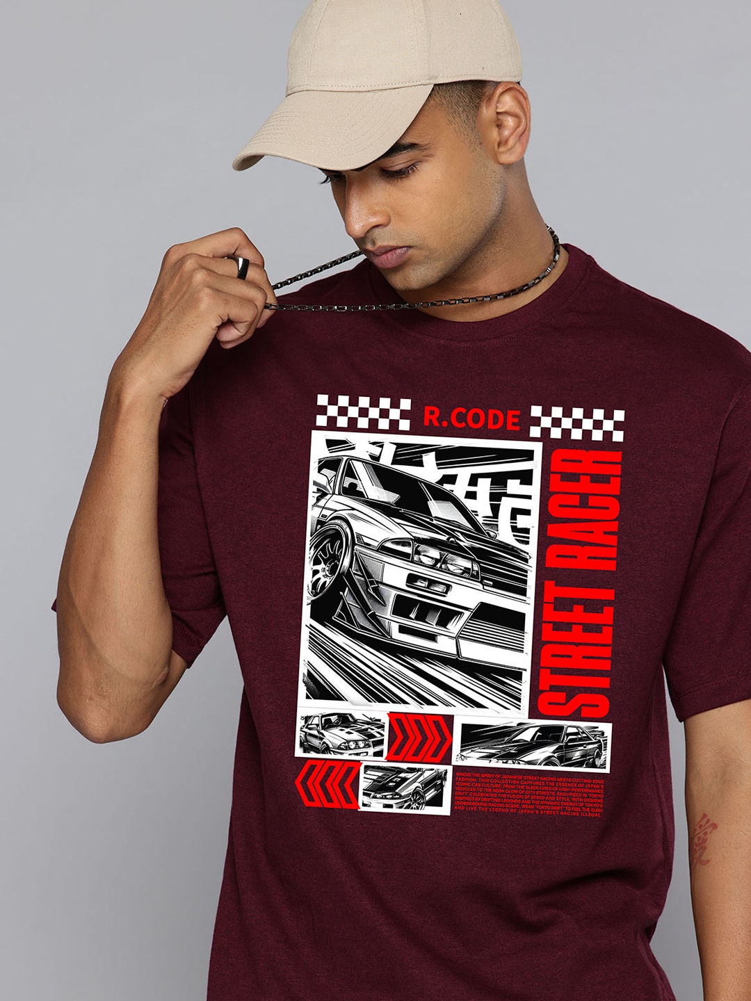 

R.Code by The Roadster Life Co. Men Printed T-shirt, Burgundy