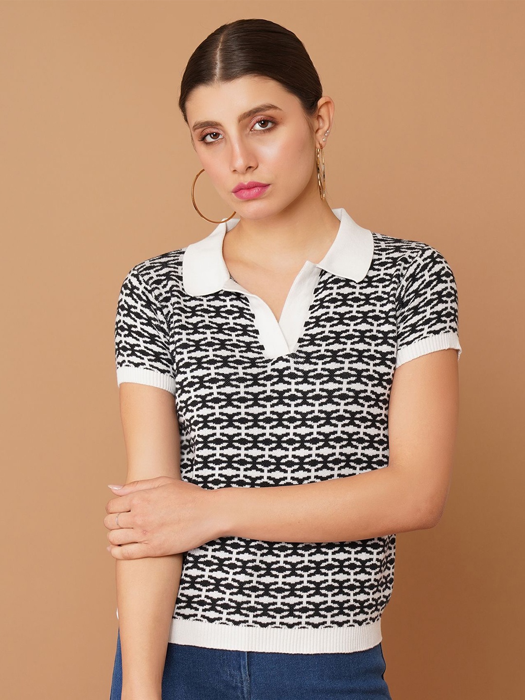 

Chemistry Printed Cotton Polo Collar Top, Black