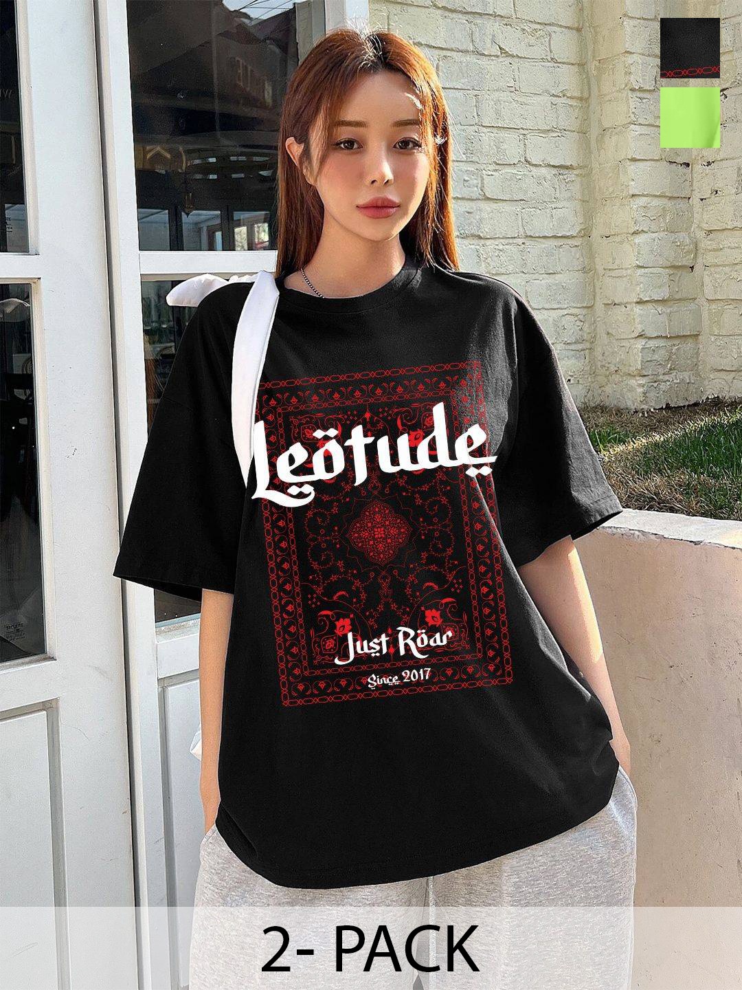 

Leotude Women Pack Of 2 Graphic Printed Round Neck Cotton Oversized T-shirts, Black