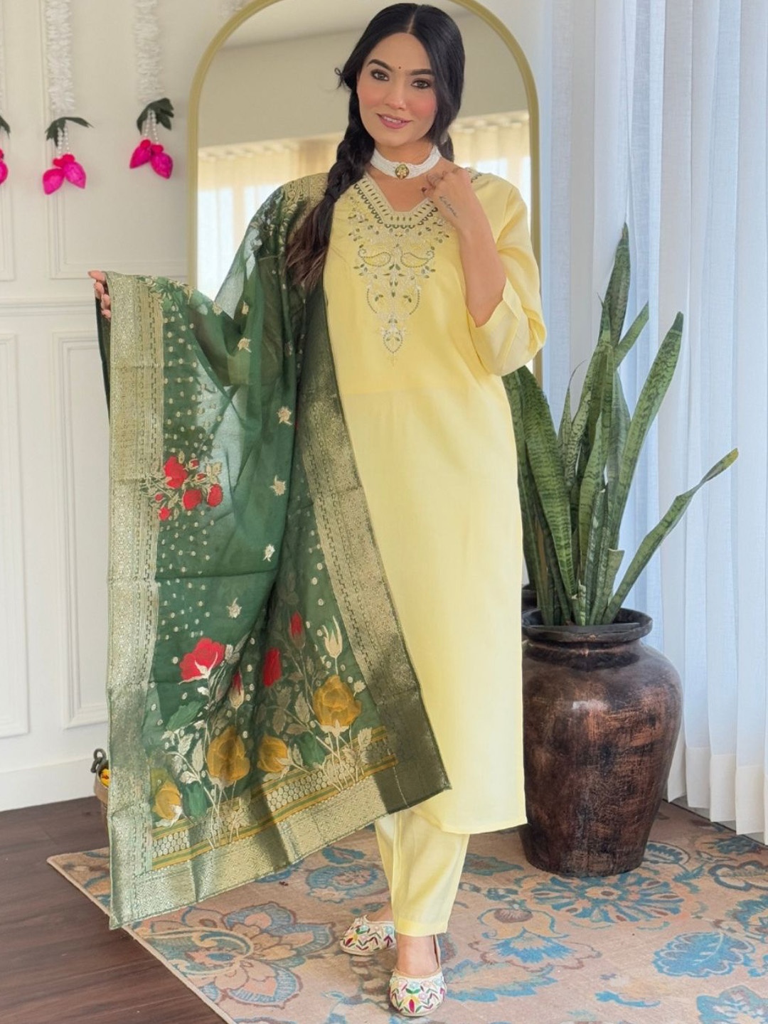 

KALINI Floral Embroidered Straight Kurta With Trouser And Dupatta, Yellow