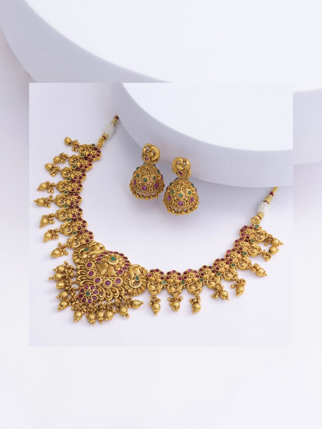 

South Temple Jewellery Gold-Plated Ruby Stones Studded Antique Jewellery Set
