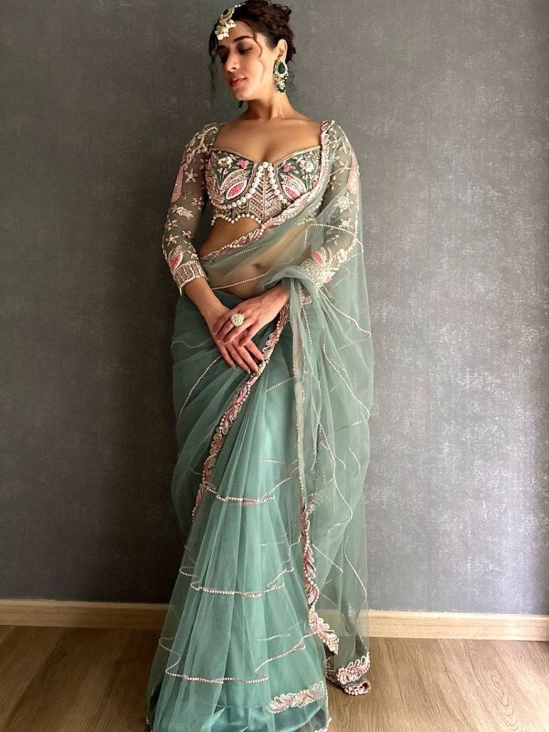 

Mitera Embellished Embroidered Net Saree With Unstitched Blouse Piece, Sea green