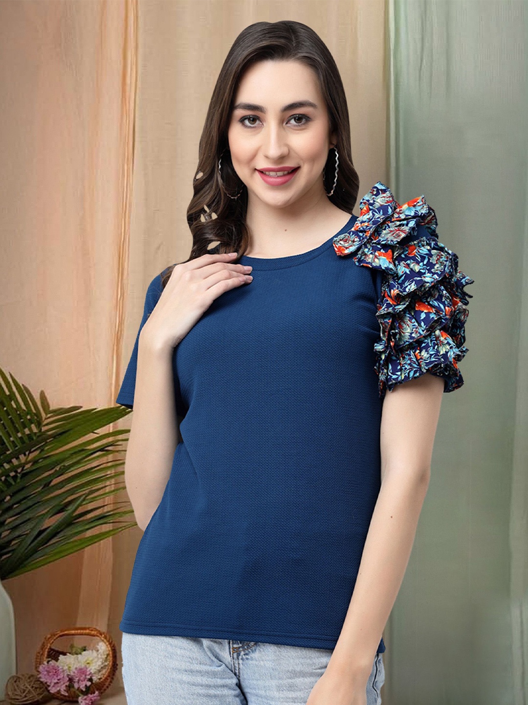 

Moda Rapido Women Self Design Round Neck Top, Blue