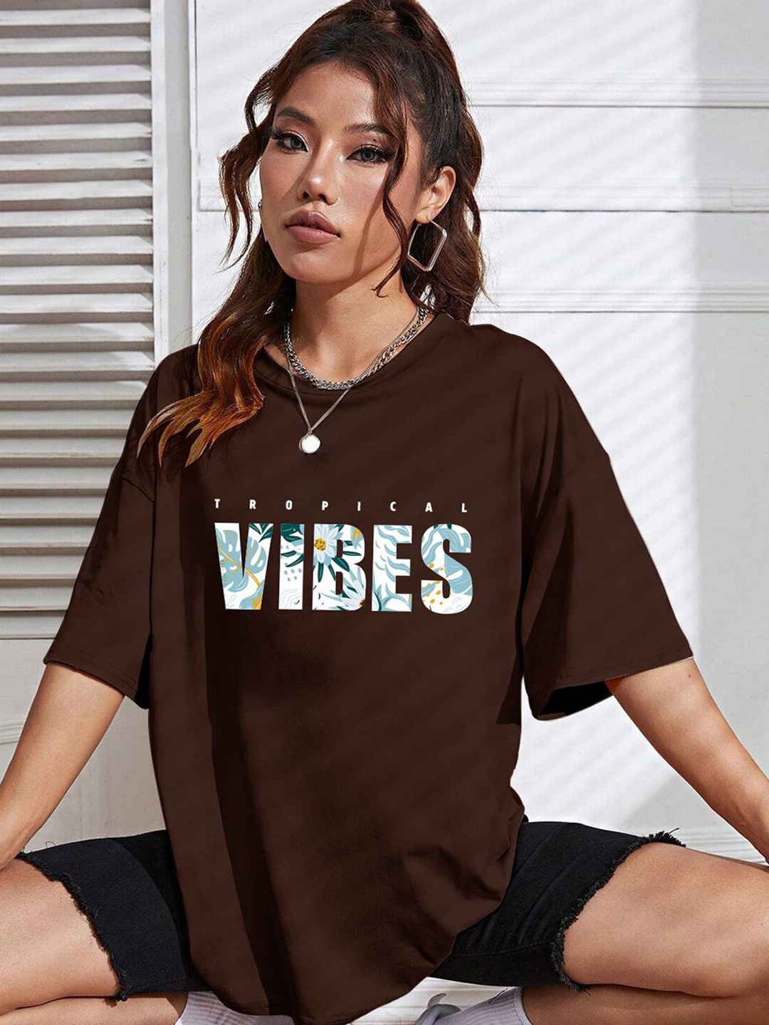 

TOGS & TERRE Women Typography Printed Organic Cotton T-shirt, Brown