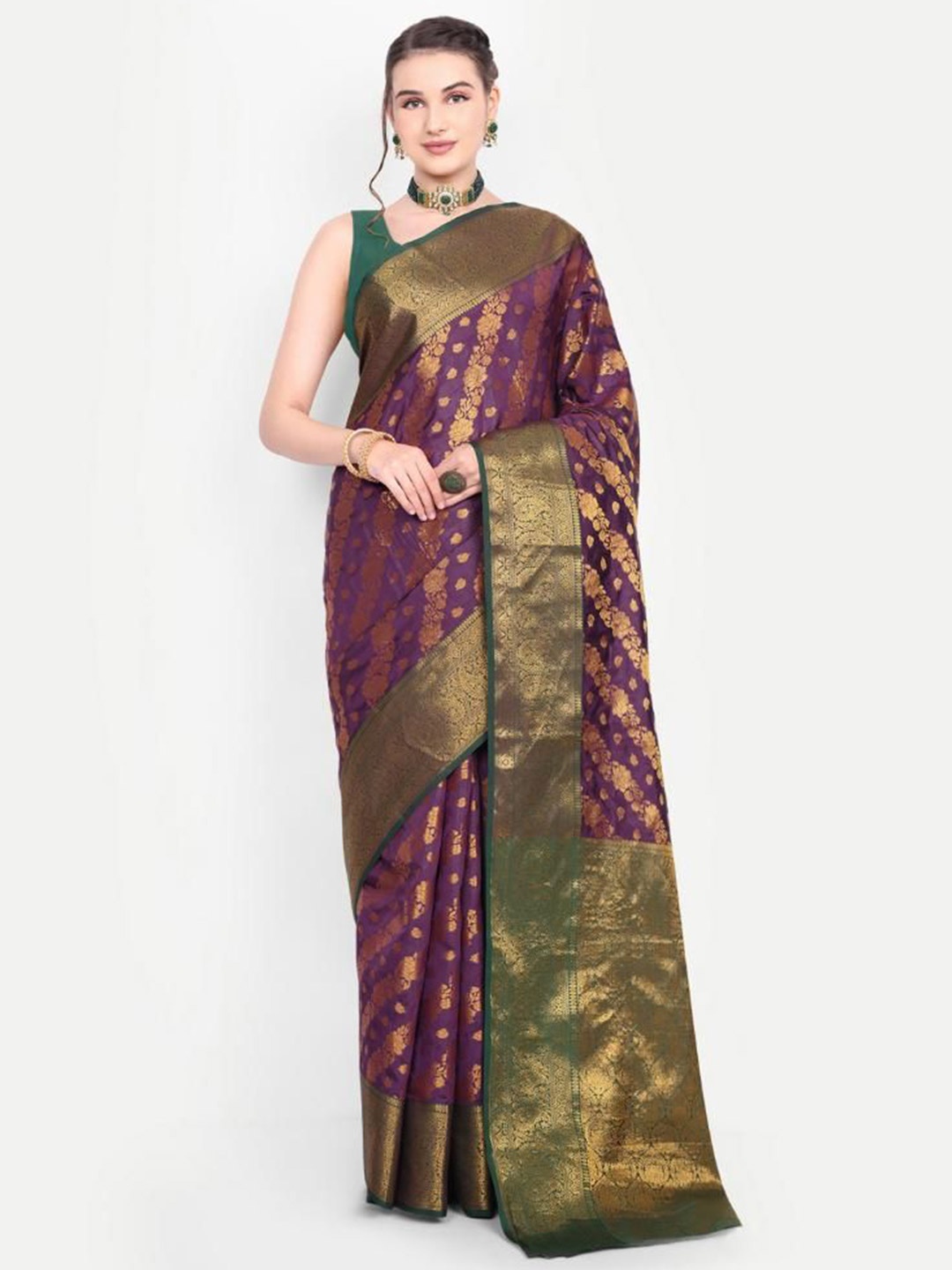 

AKSH FASHION Ethnic Motifs Woven Design Zari Banarasi Saree, Purple
