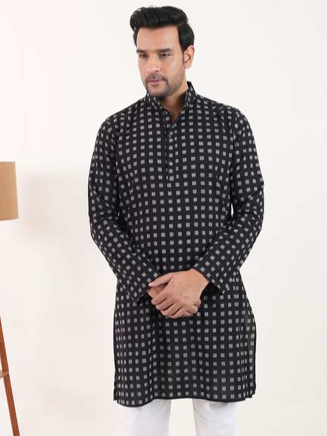 

Style Matters Men Geometric Printed Band Collar Straight Kurta, Black
