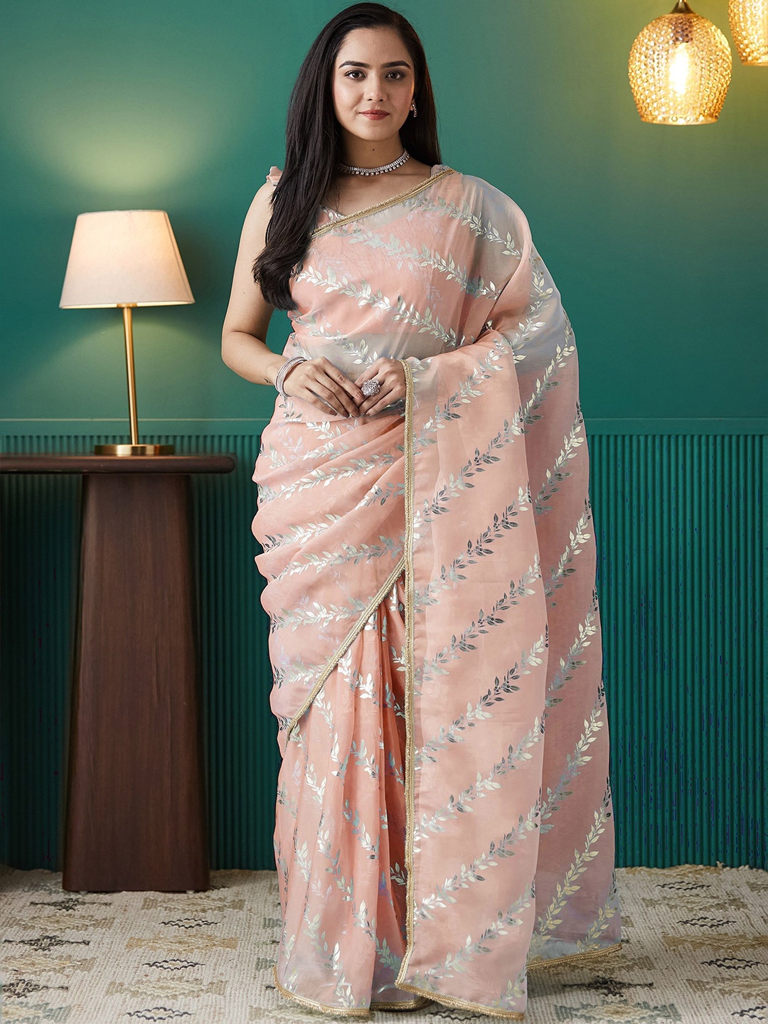 

RACHNA Floral Embroidered Organza Ready to Wear Saree, Orange