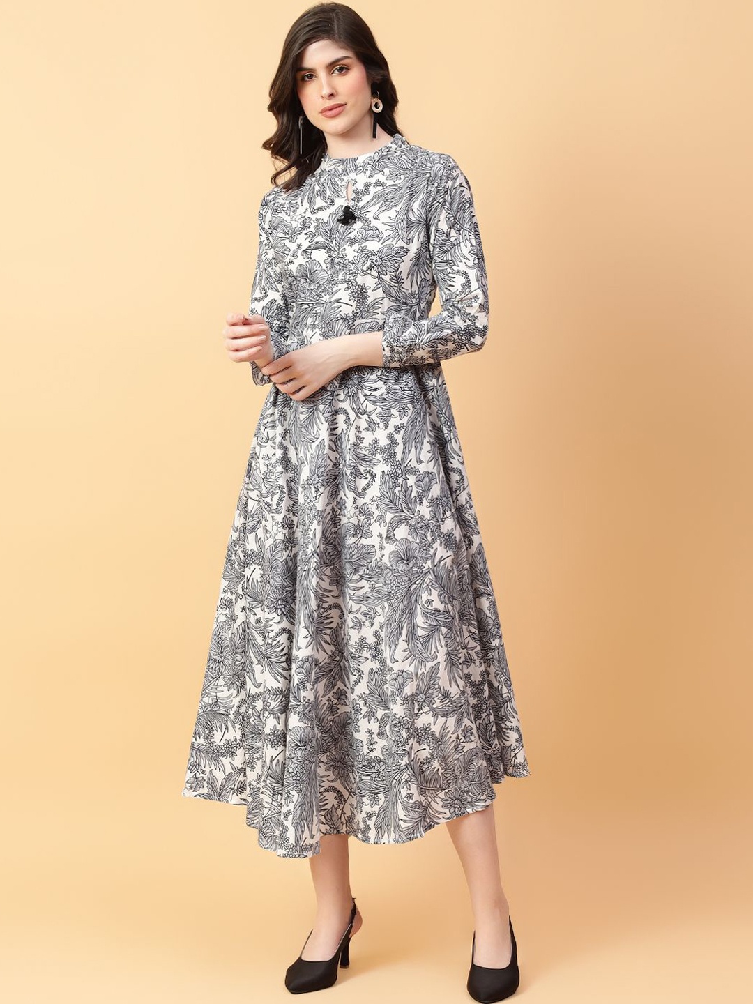 

Jaipur Kurti Floral Printed Pure Cotton A-Line Ethnic Dress, Grey