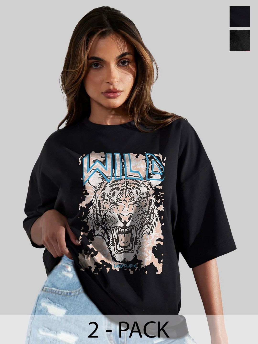 

Leotude Women Pack Of 2 Graphic Printed Round Neck Cotton Oversized T-shirts, Black