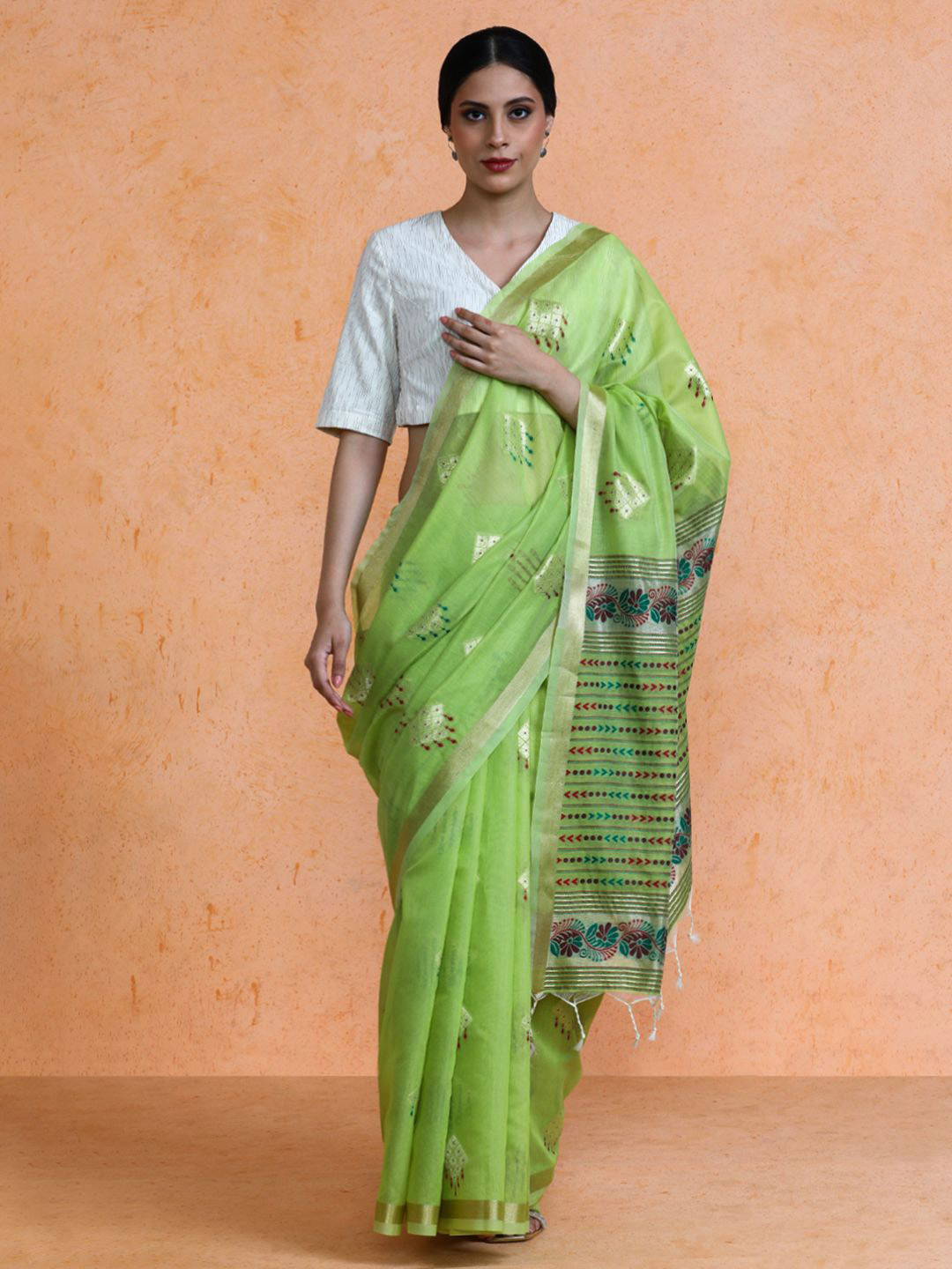 

SARHA Woven Design Chanderi Cotton Saree, Green