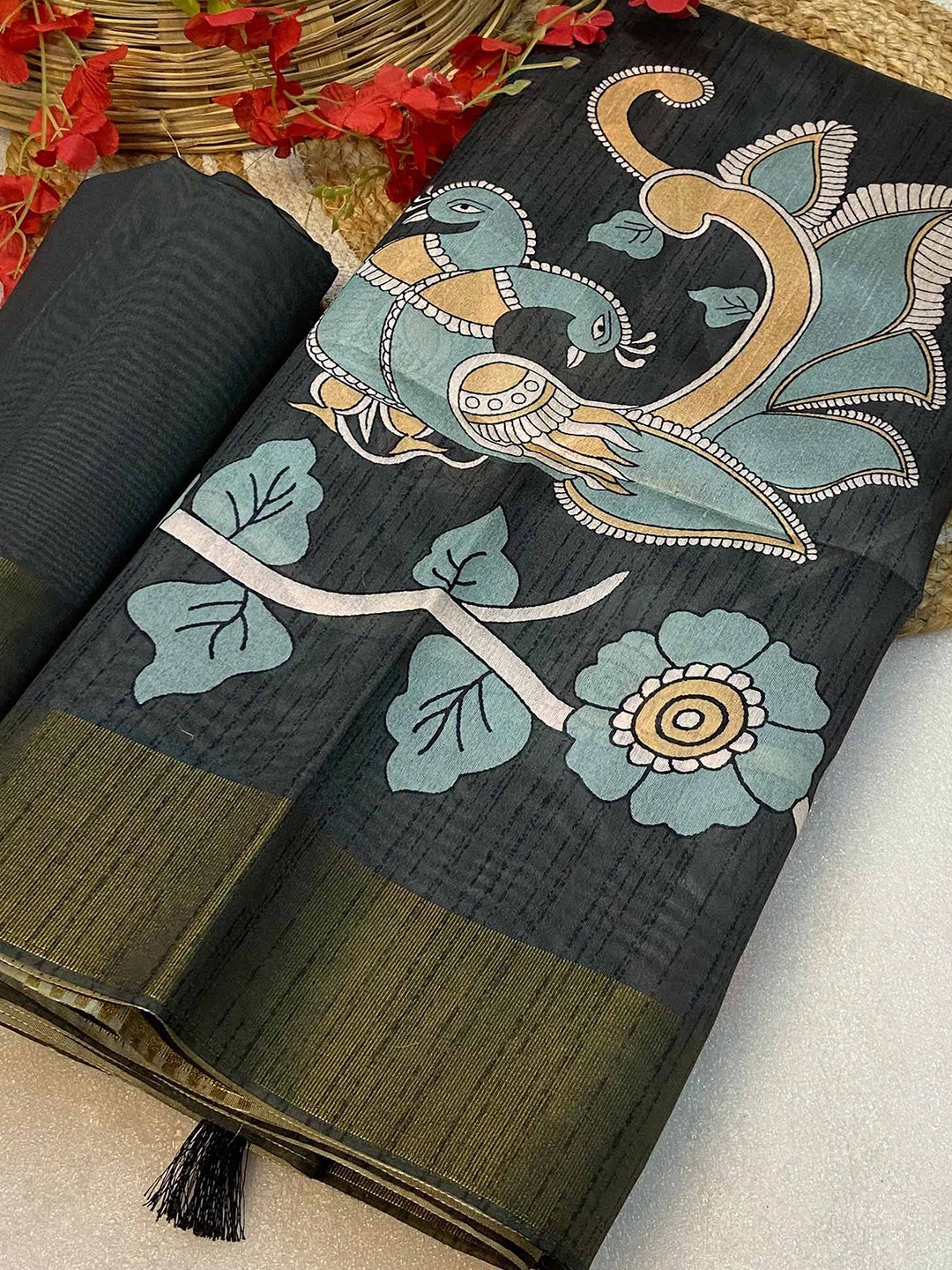 

Peachmode Kalamkari Printed Zari Saree, Grey