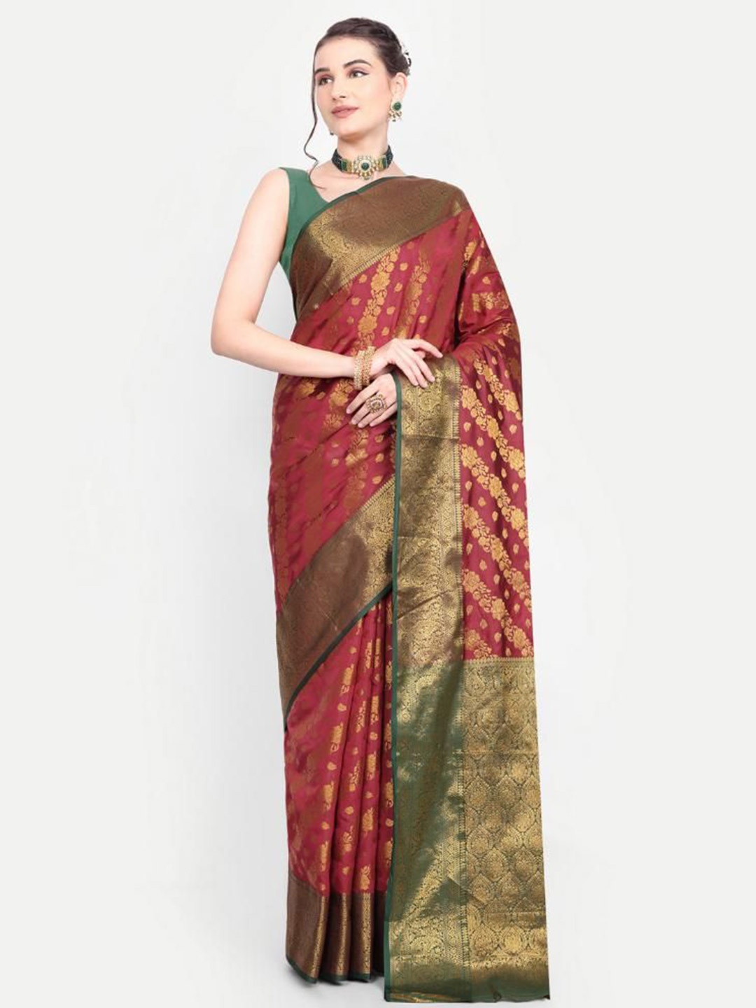 

AKSH FASHION Woven Design Zari Silk Banarasi Saree With Unstitched Blouse Piece, Red