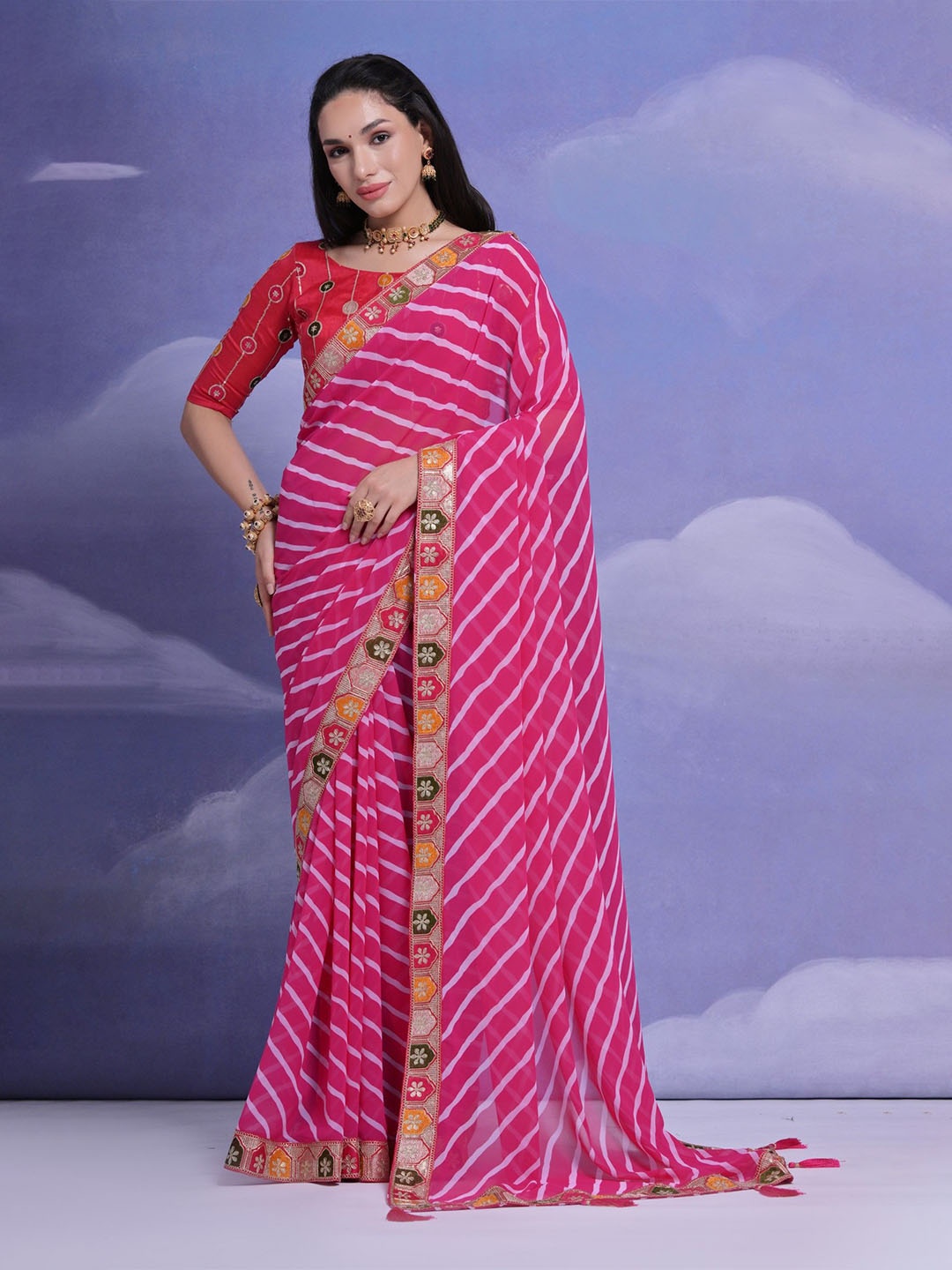 

LeeliPeeri Designer Striped Embroidered Saree, Pink