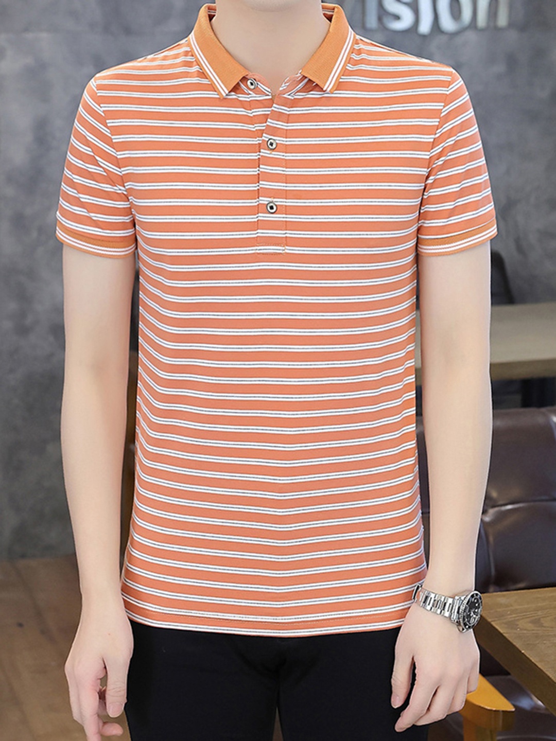 

StyleCast x Revolte Men Striped Polo Collar T-shirt, Orange