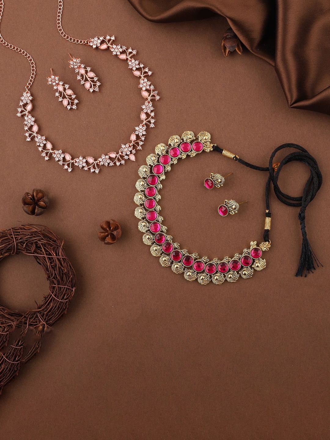 

Lyriss Set Of 2 Gold Plated American Diamond Studded Jewellery Set