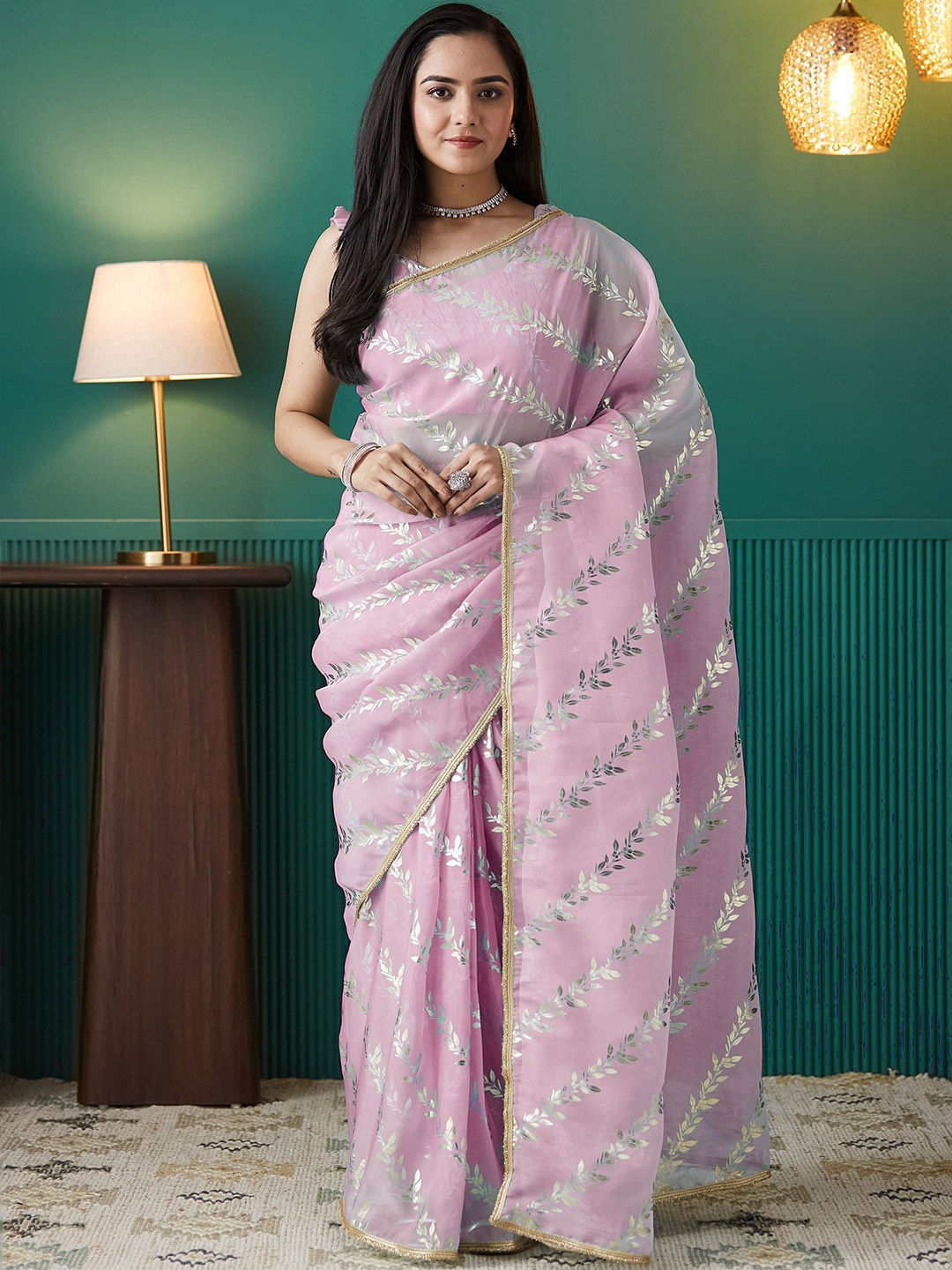 

RACHNA Floral Embroidered Organza Ready to Wear Saree, Pink