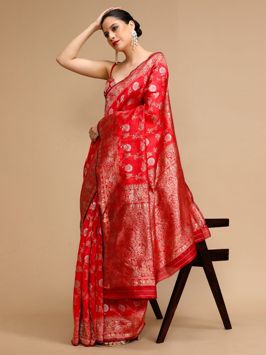 

House of Pataudi Woven Design Banarasi Saree With Unstitched Blouse, Red