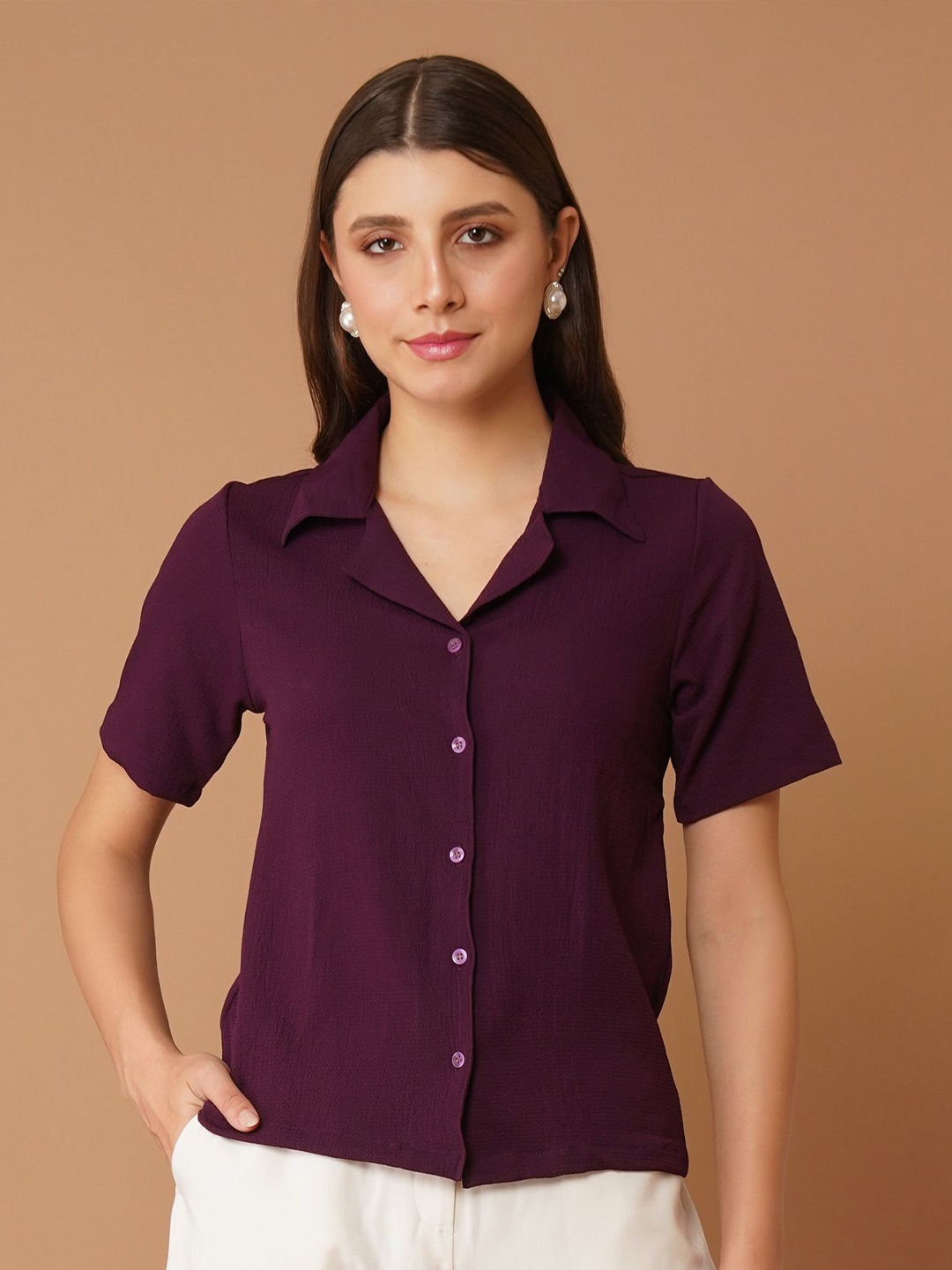

Chemistry Women India Slim Fit Cuban Collar Textured Casual Shirt, Purple