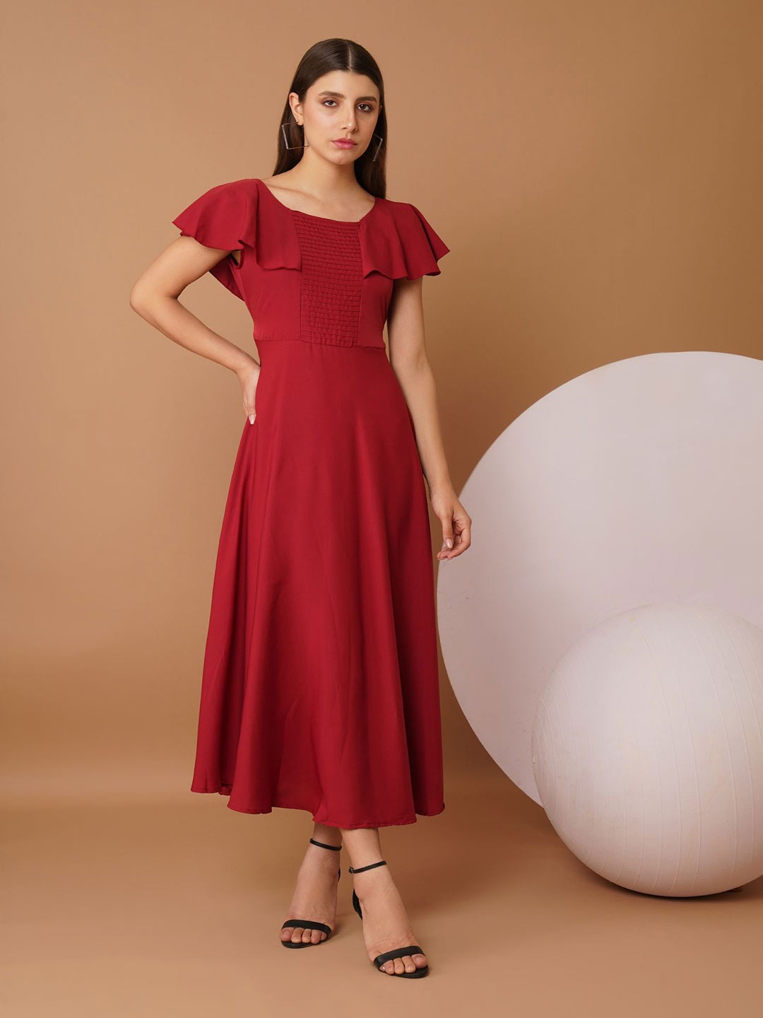 

Chemistry Solid Maroon Flutter Sleeve Tie-Ups Detail Maxi Dress