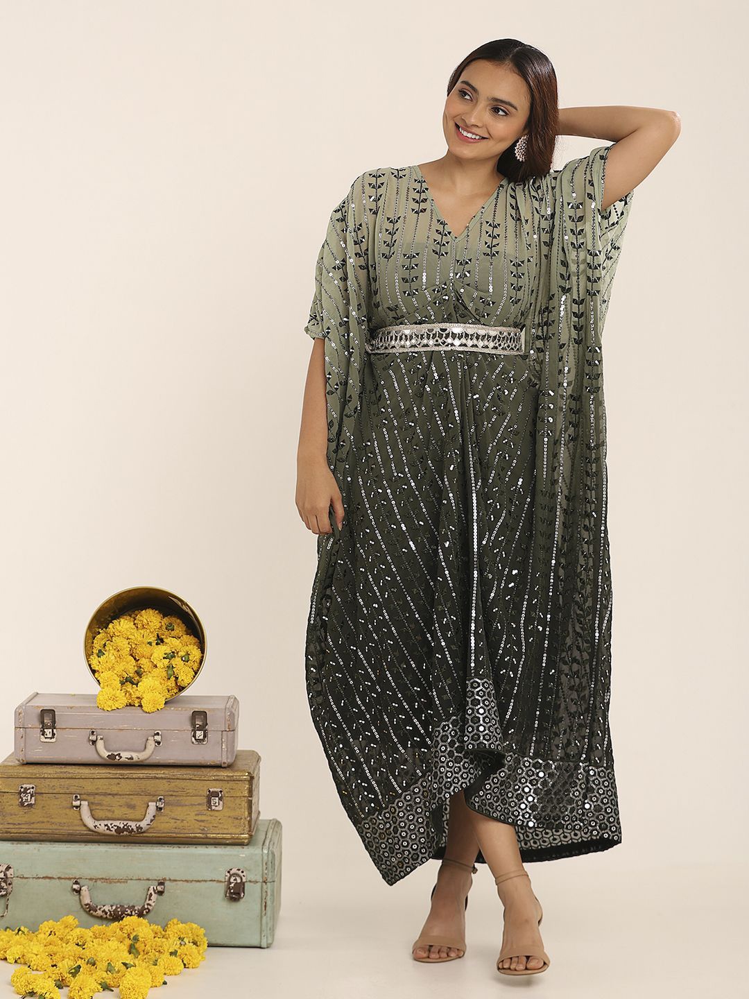 

THE BLESSED WARDROBE Women Embellished Georgette Kaftan Midi Dress, Green
