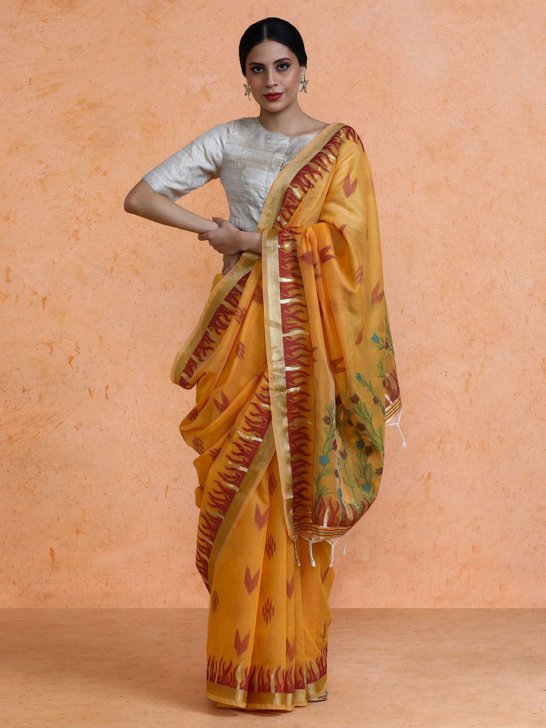 

SARHA Woven Design Chanderi Cotton Saree, Yellow