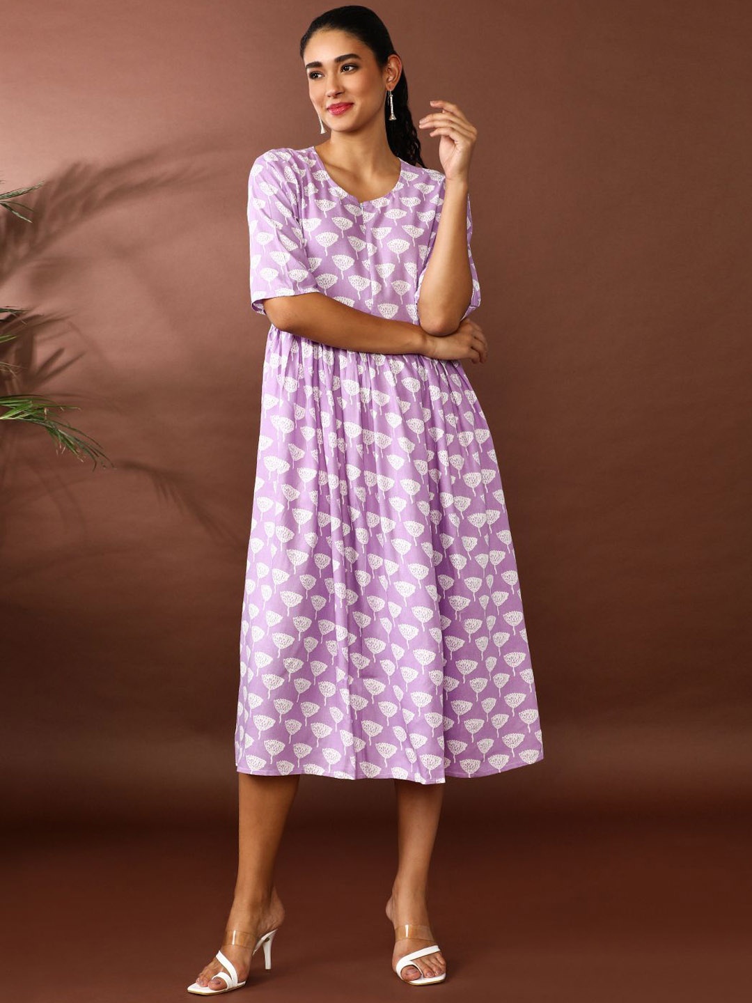 

Jaipur Kurti Women Floral Printed A-Line Midi Ethnic Dress, Purple