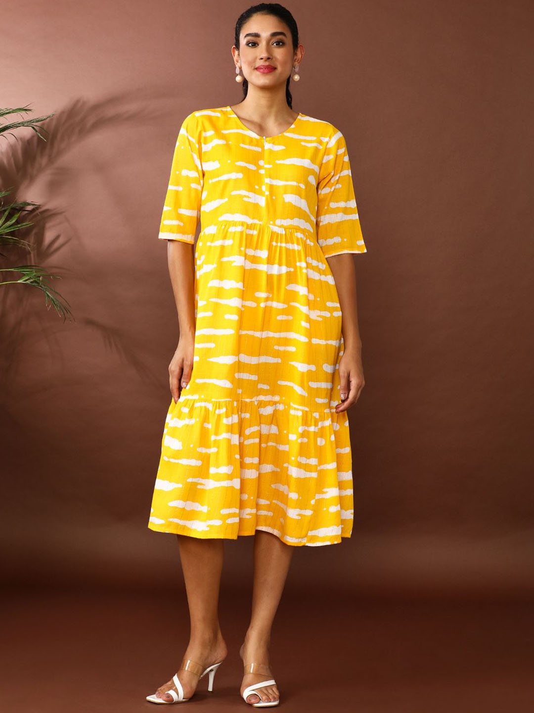 

Jaipur Kurti Floral Printed A-Line Tiered Ethnic Dress, Yellow